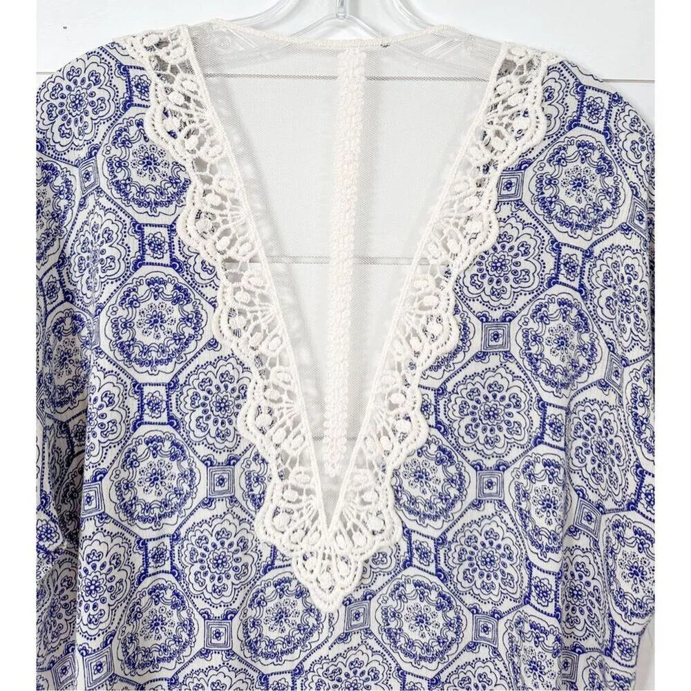 Stitch Fix Women's Geometric Print Open Front Cape Lace Back Kimono Blue White X - Image 7