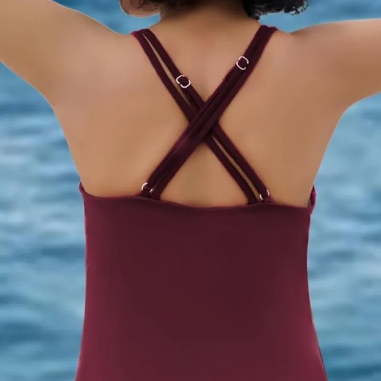 Maroon swimsuit one piece crisscross adjustable back straps 2xl padding stretch Red Size 2X - Image 6