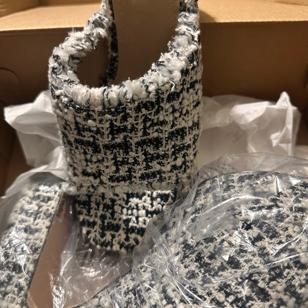 Tweed Platform Mule Heels Black White Chunky Block Heel Slip On Sandals NEW - Image 9