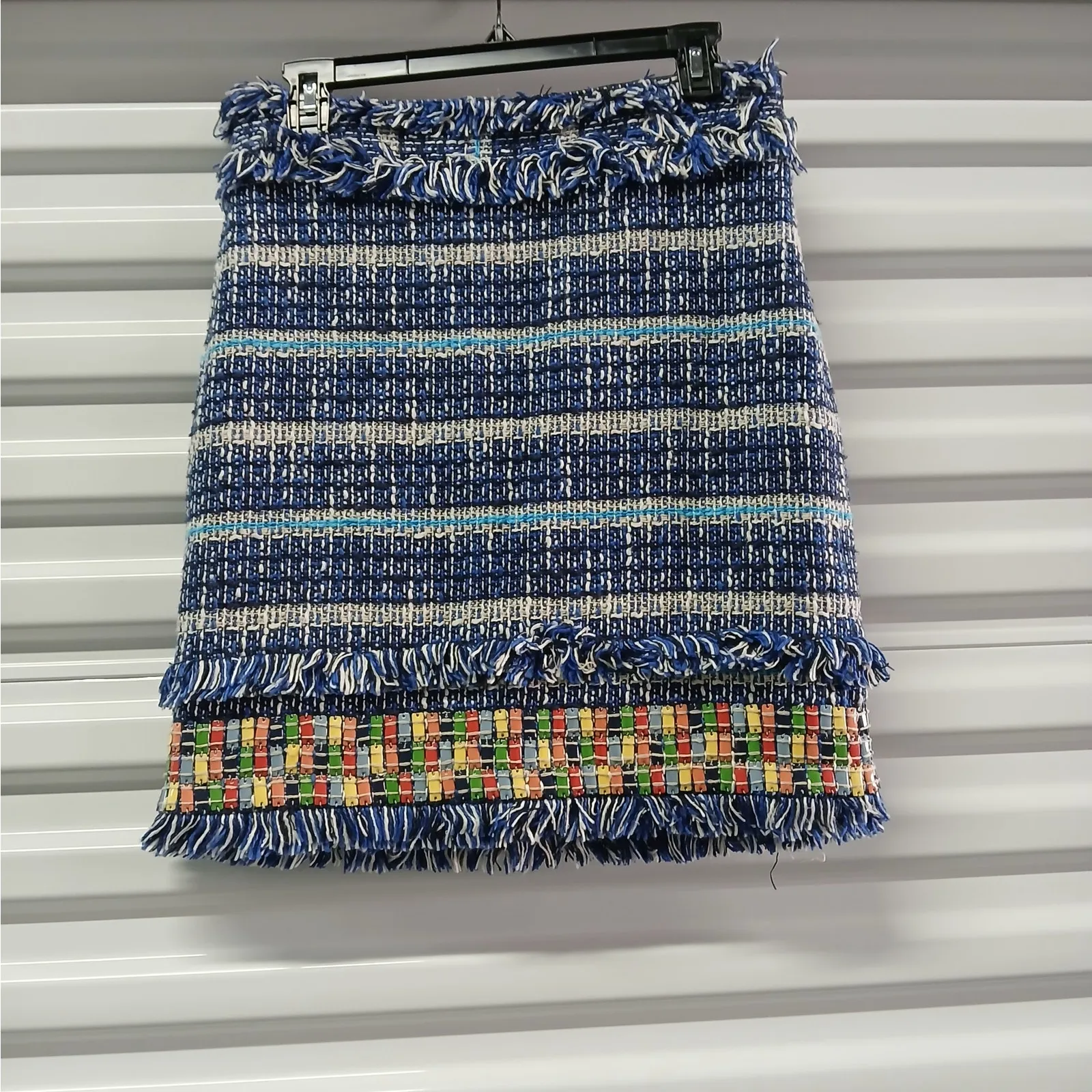 Tory Burch Normandy Blue Nora Skirt Women's 2 Tweed Fringe Artsy Boho Luxury - Image 5