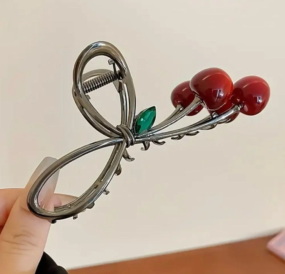 Cherry Blossom & Green Rhinestone Hair Claw Red - Image 4