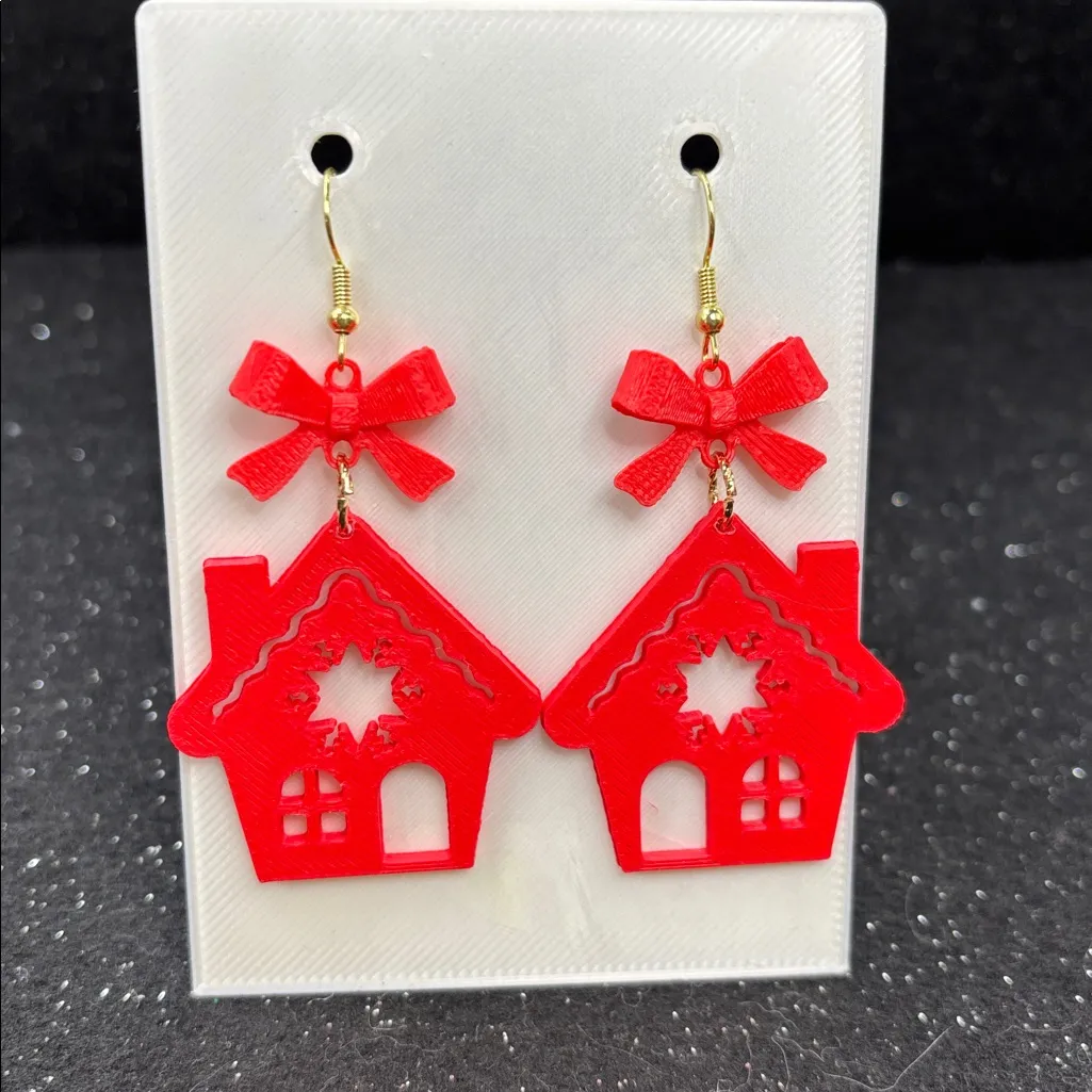 Gingerbread House Earrings | Red Bow 🎀 | Gold Tone Accents ✨ - Image 4