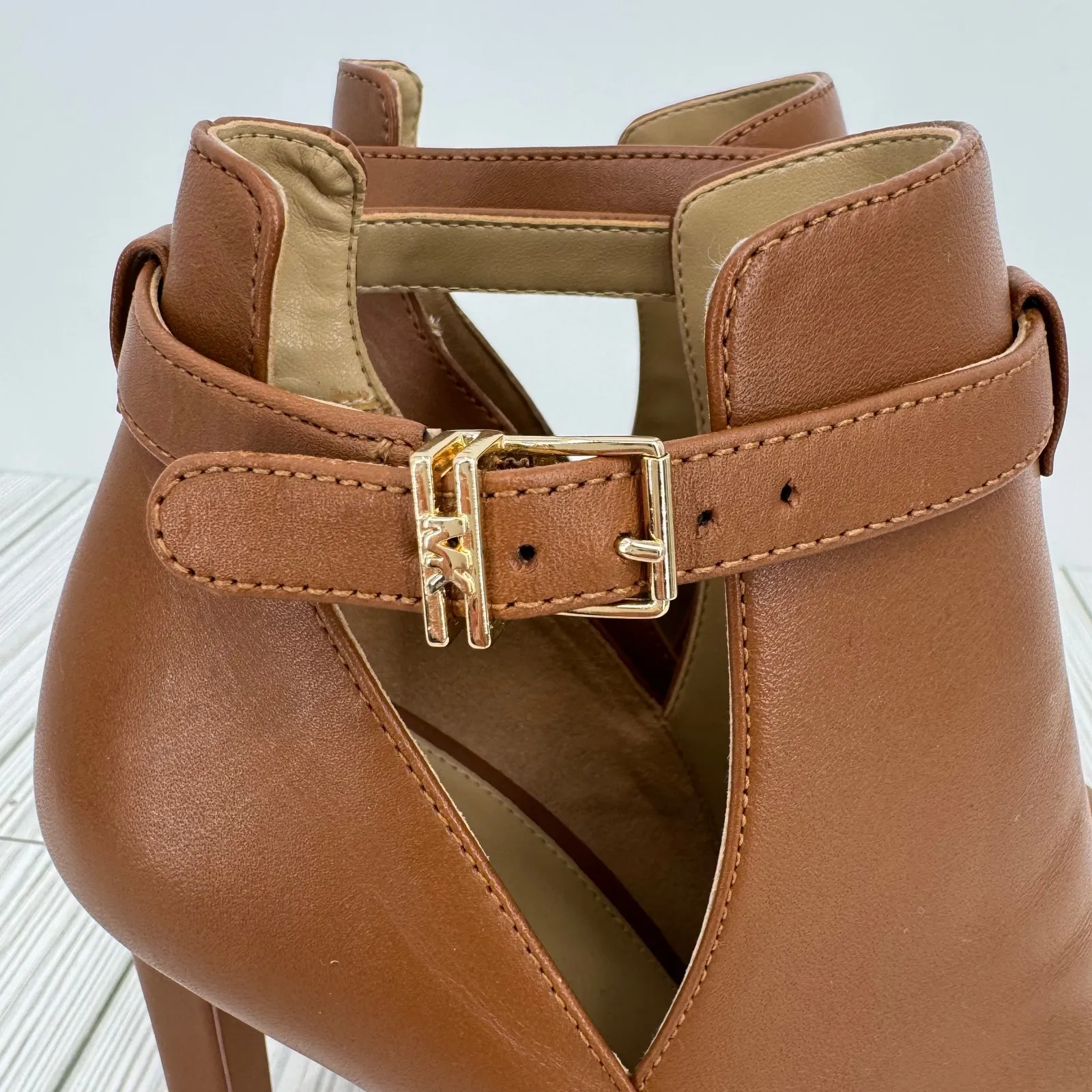 Michael Kors Lawson booties 8.5 ankle peep toe stiletto boots brown leather NEW - Image 4