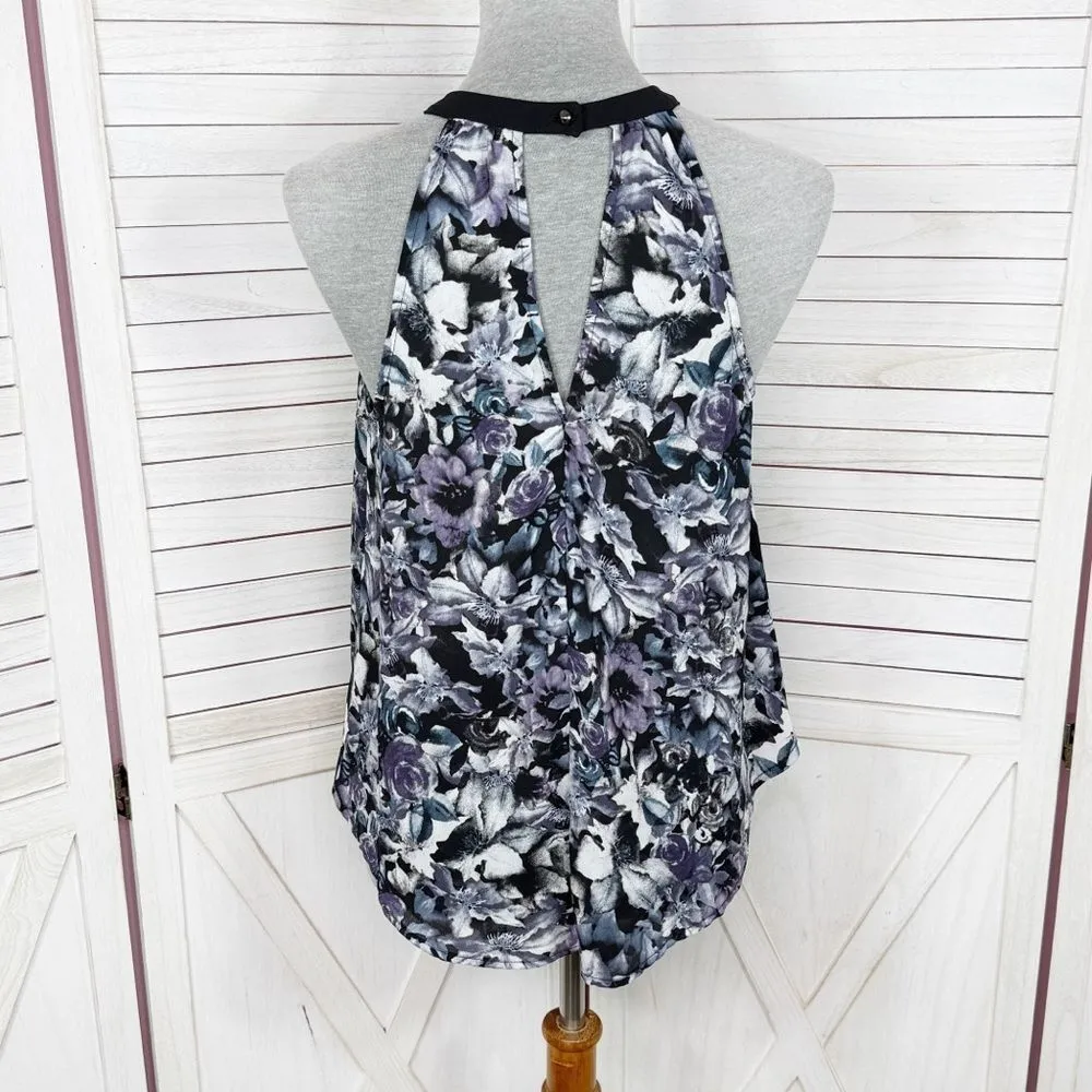 Astr Dark Floral Keyhole Halter Neck Swing Sleeveless Blouse Black Purple Medium - Image 4