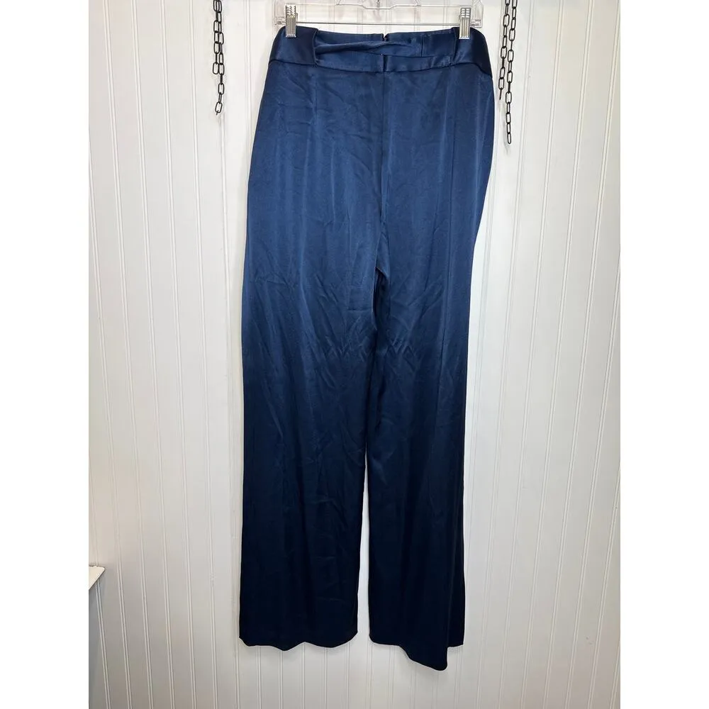 Halston Wide Leg Pants Navy Blue Satin Gorgeous High Waisted Belted Size 14 - Image 2