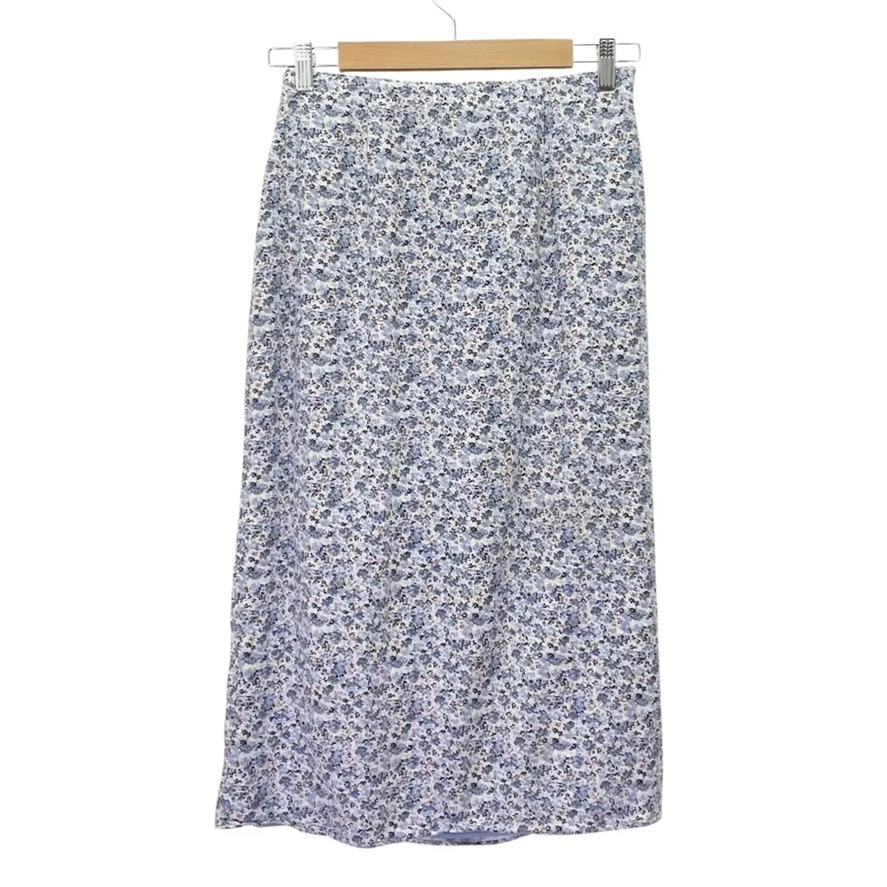 Abercrombie & Fitch Side Slit Midi Skirt Blue Floral Linen Blend Size Small - Image 3