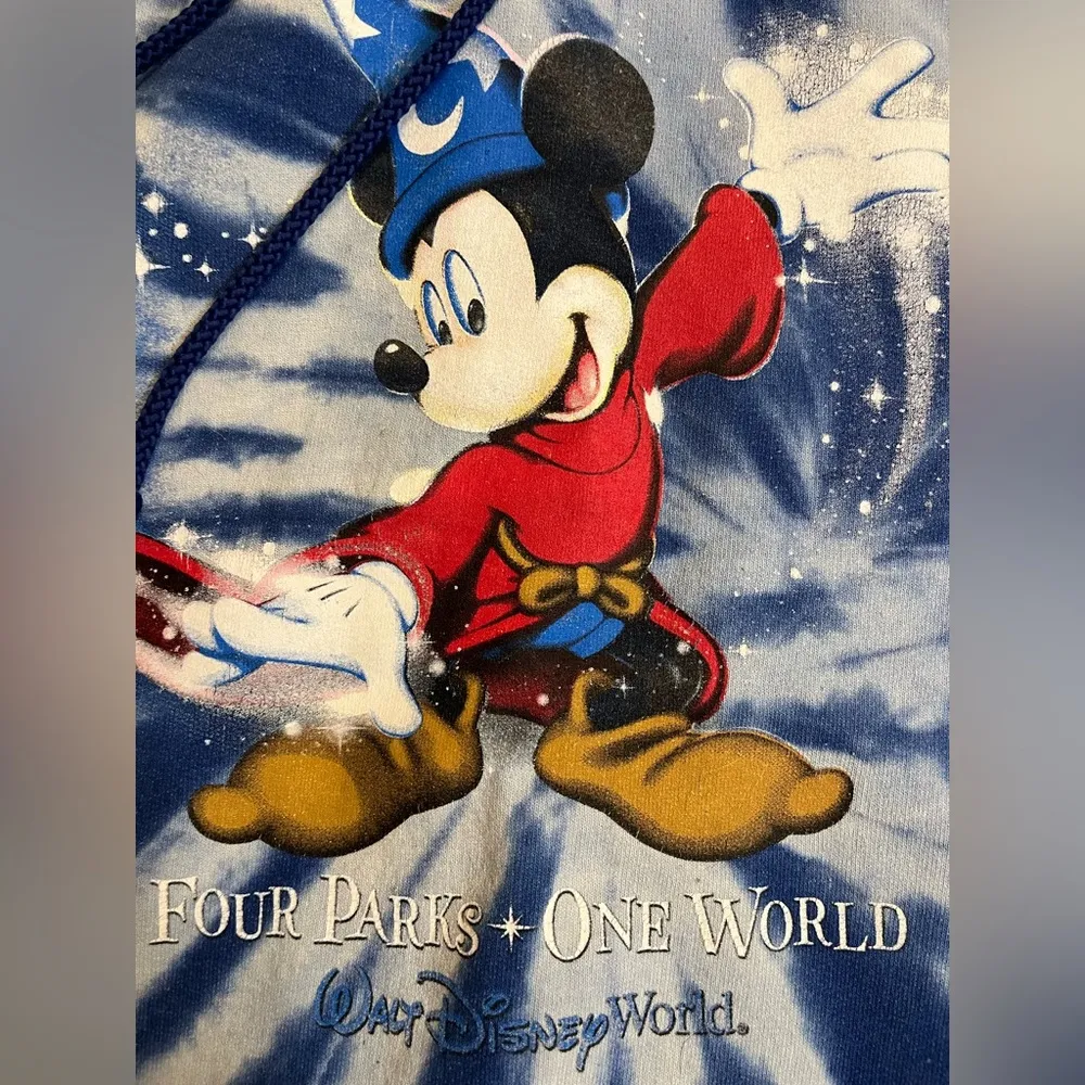 00s Walt Disney World Mickey Mouse Four Parks One World Blue Dye Hoodie - Image 2
