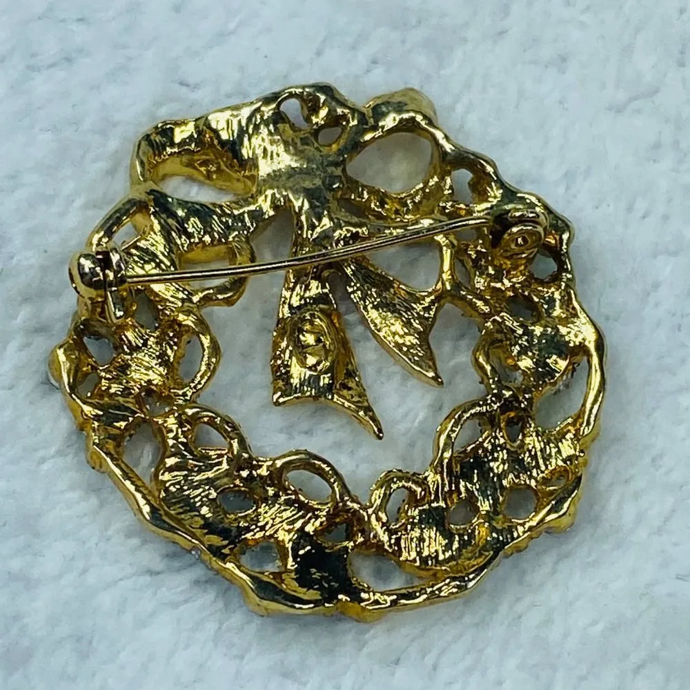 Christmas Holiday Wreath Jewelry Pin Brooch Rhinestones Gold Tone Bow Glitter - Image 6