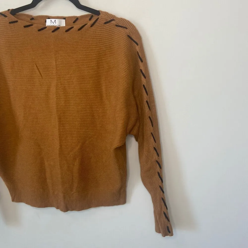 Magaschoni Stitch Trim Dolman Sleeve Brown Sweater Blouse Sz Large - Image 5