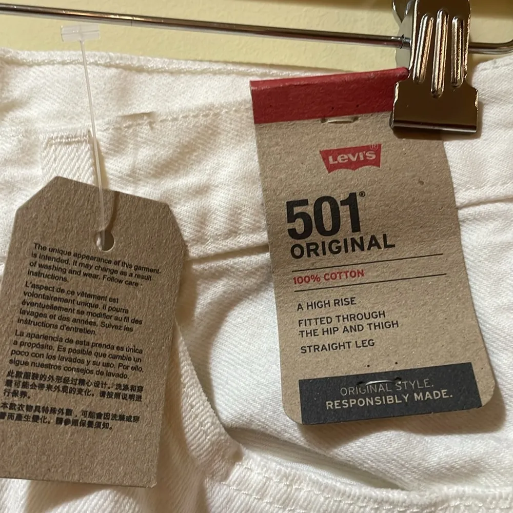 Womens New Levi’s 501 Original Raw Hem Distressed White Cotton High Rise Straigh - Image 3