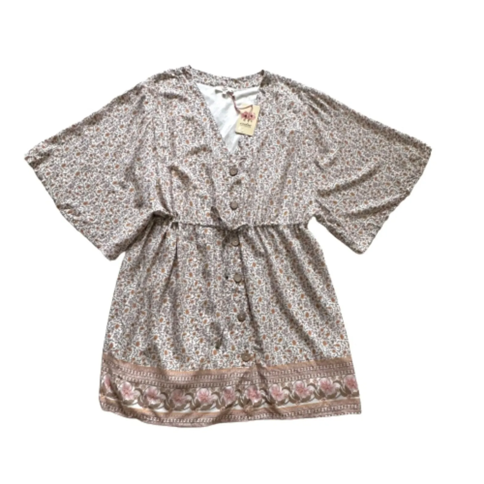 Entro Dress Cream Multicolor Floral Half Sleeve Button Front Boho Large NEW - Image 13