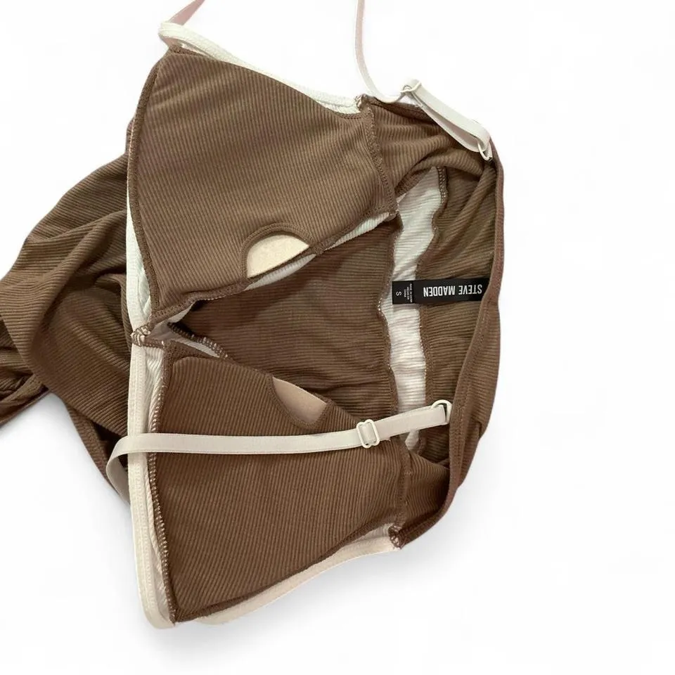 Steve‎ Madden Brown Ribbed Plunge Bodysuit Sleeveless One Piece Swimsuit - Image 3