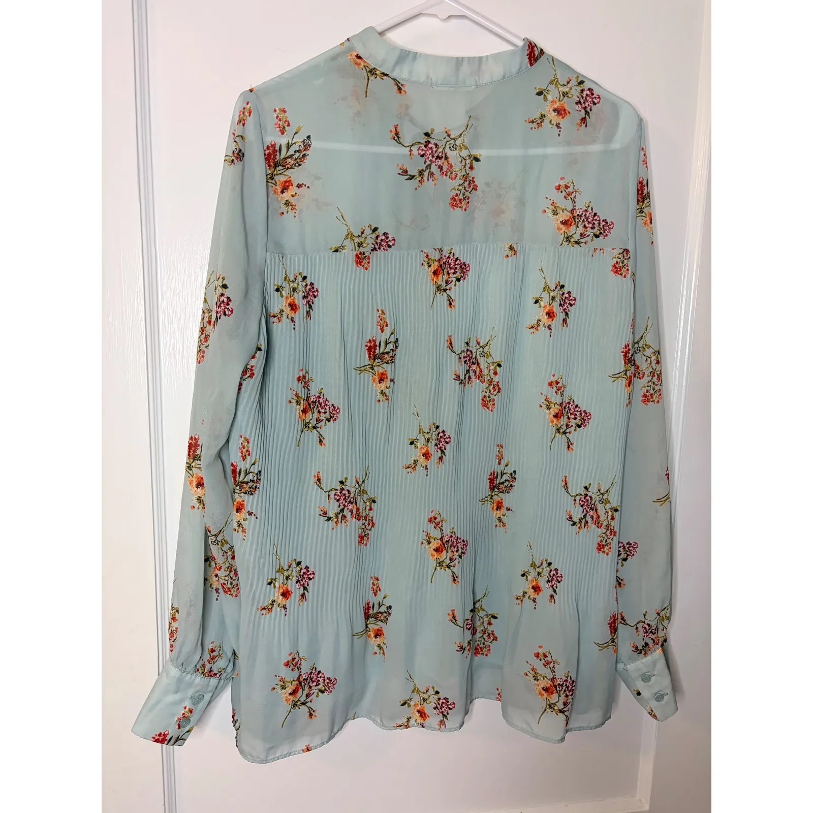 PLEIONE Women's Sheer Floral Print Pleated Tie Neck Long Sleeve Blouse Top L - Image 3