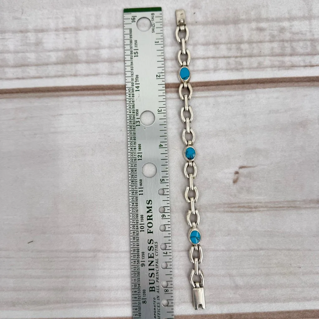 Vintage Sterling Silver Turquoise Link Bracelet Stamped 925 Mexico Southwestern - Image 11