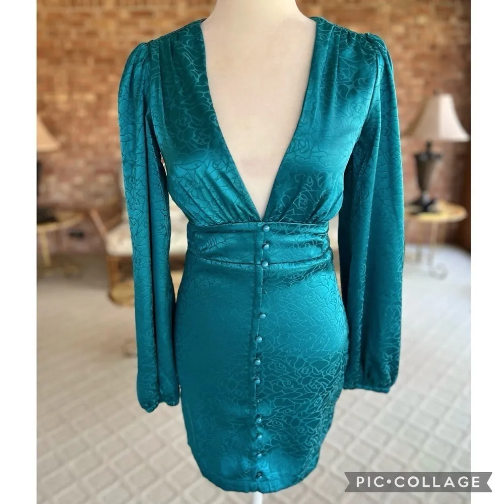 Bebe Mini Dress Bodycon Satin Jacquard Teal Blue XS Cocktail Low Plunging Neck - Image 2
