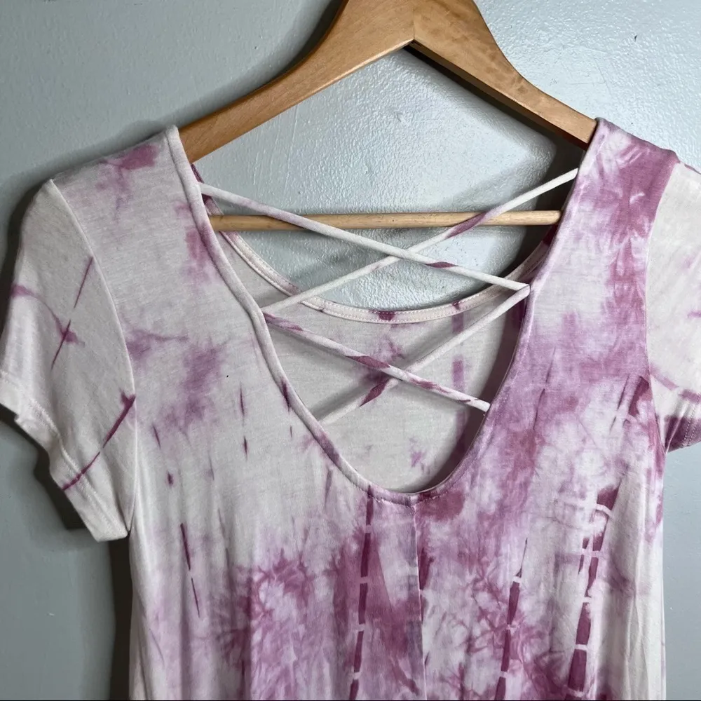 Tie Dye Oversize Tunic Dress with Criss Cross Back. Pink White Small - Image 13