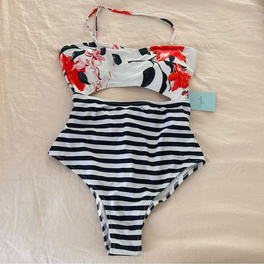 cupshe striped halter floral tie cut out padded boho one piece swimsuit small - Image 4