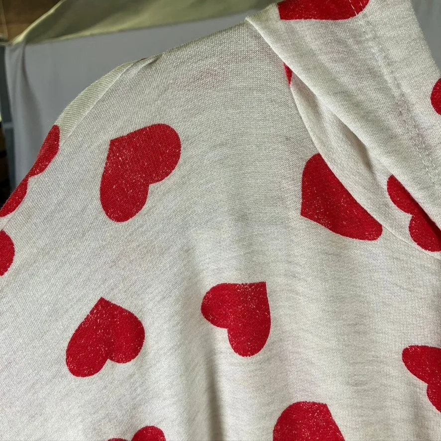 Hopely Women's Large Short Sleeve Zip Up Hoodie Cream Red Hearts Ruffle Hem - Image 8