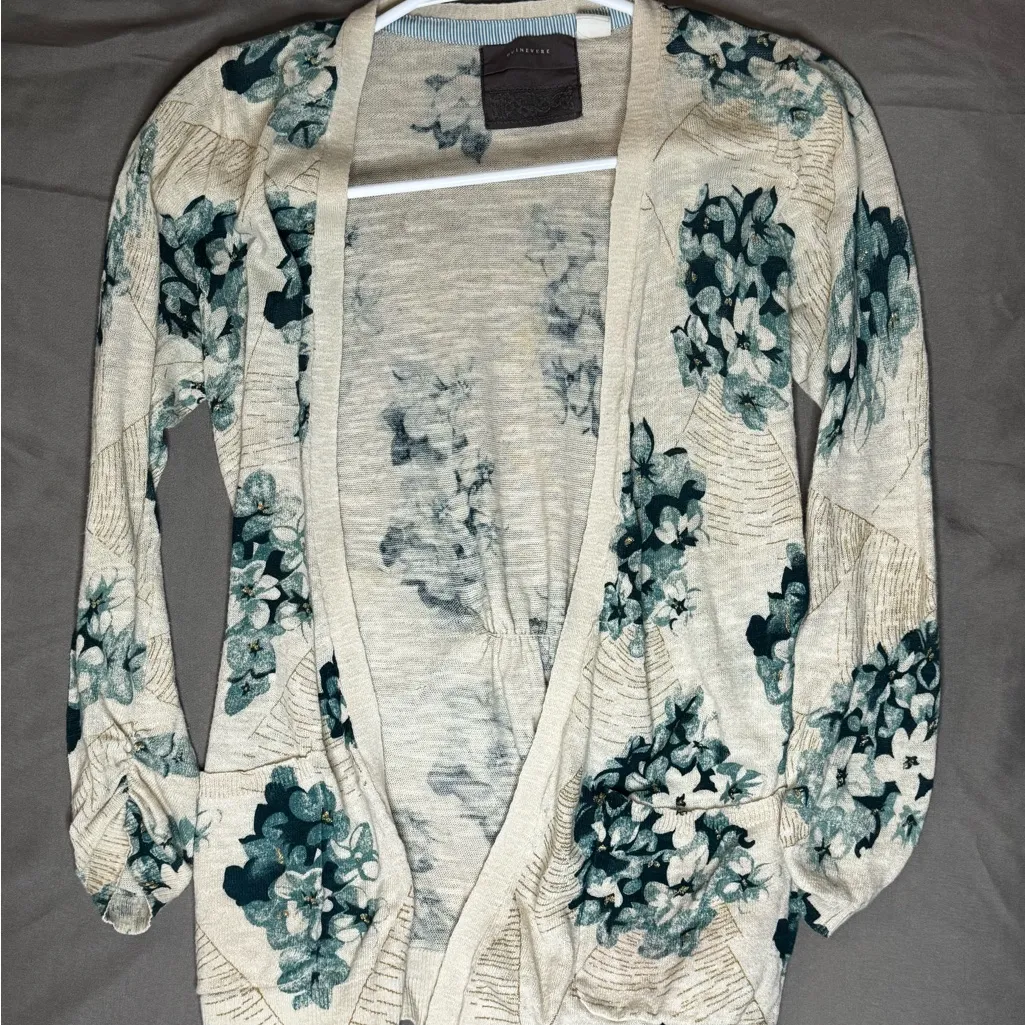 Anthropologie Guinevere Women's Cardigan Tan With Blue Floral 100% Cotton S EUC - Image 8