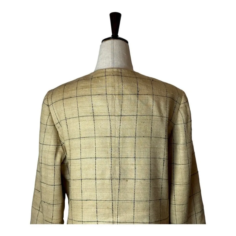 Max Mara Tan And Black Plaid Silk And‎ Linen Blend Two Button Blazer Size 12 - Image 3