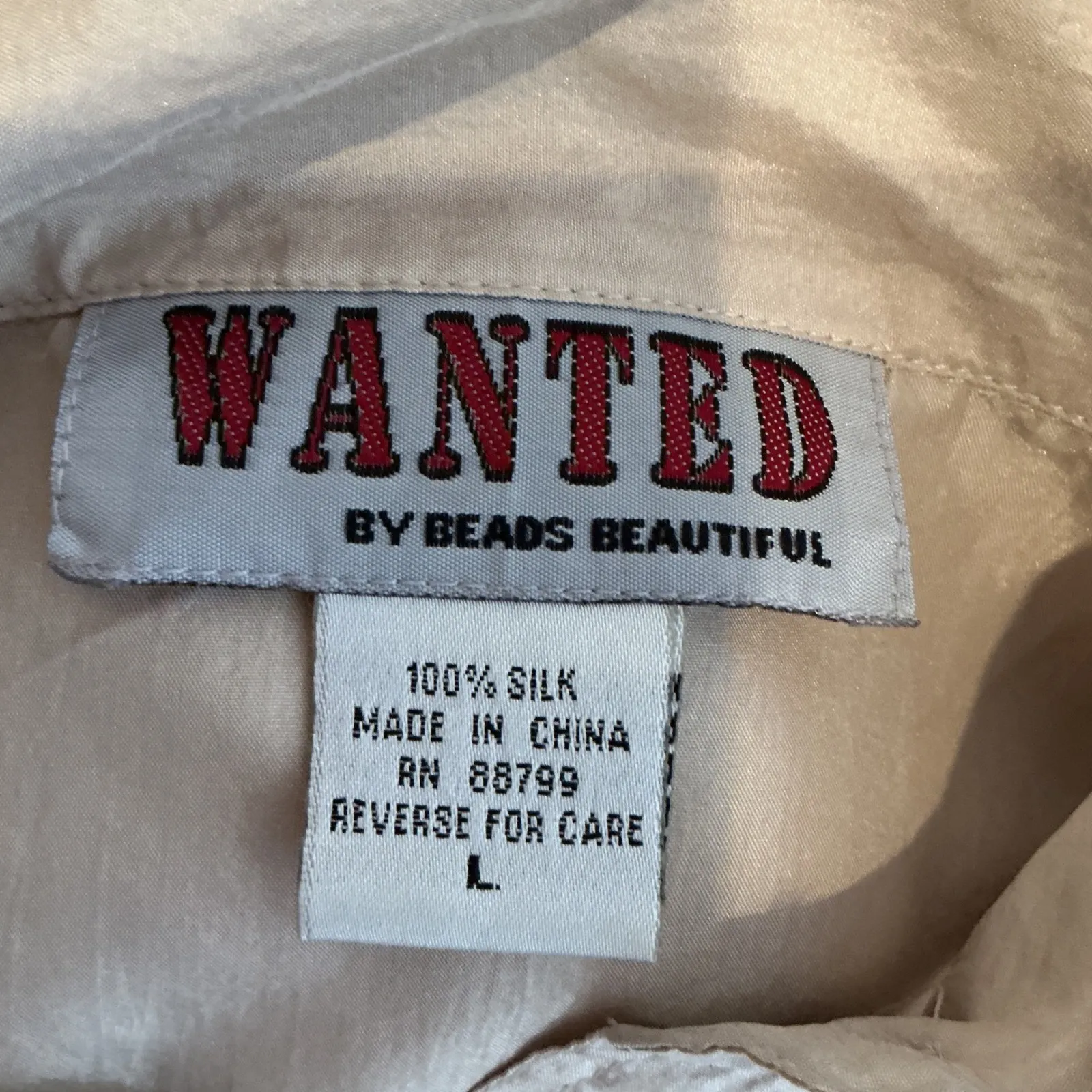 WANTED BY BEADS BEAUTIFUL Silk Embellished Button Up Shirt Top Size L 100% silk Tan Size L - Image 5