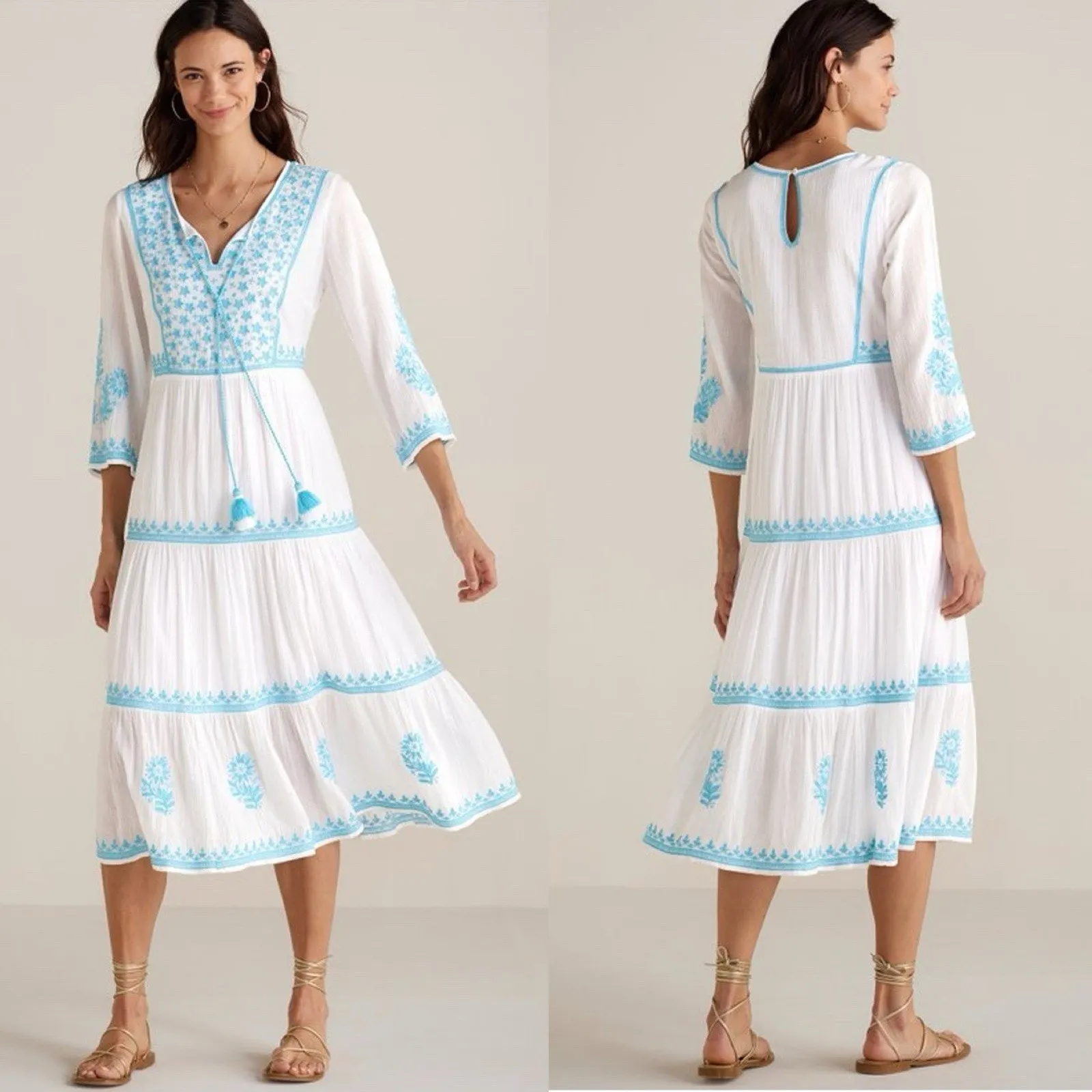 Soft Surroundings Juniper Midi Dress Sz Large Embroidered White Gauze Boho Chic - Image 2