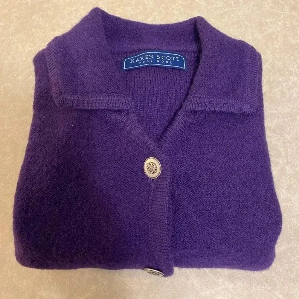 Karen Scott Pure Wool Purple sweater cardigan‎ shoulder pads buttons Size L - Image 3
