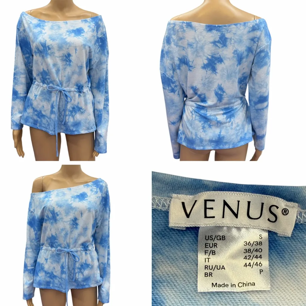 Venus Blue and White Tie Dye Long Sleeve Top Tie Waist Womens Small - Image 2