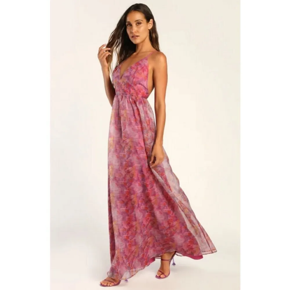 💕LULUS💕 Bloom Wildly Magenta Floral Organza Maxi Dress ~ Floral Print M NWT - Image 5