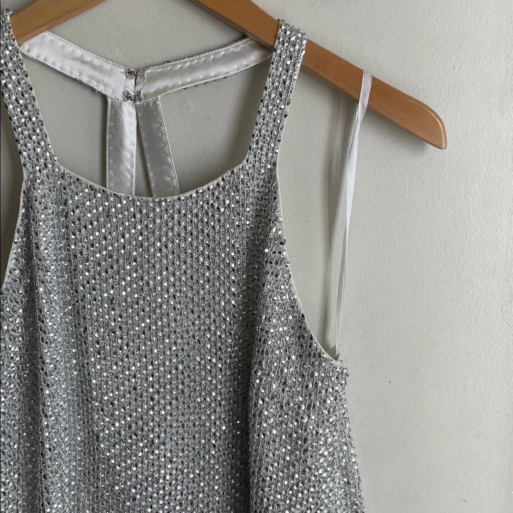 PARKER Justina Silk Silver Rhinestone Beaded Halter Tank Top - Image 5