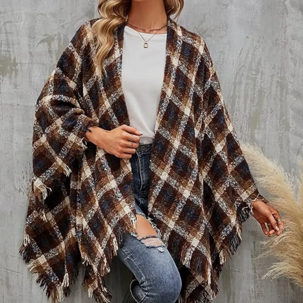 Womens Black Multi Buffalo Plaid Fringed Poncho Wrap OSFM Size undefined - Image 2