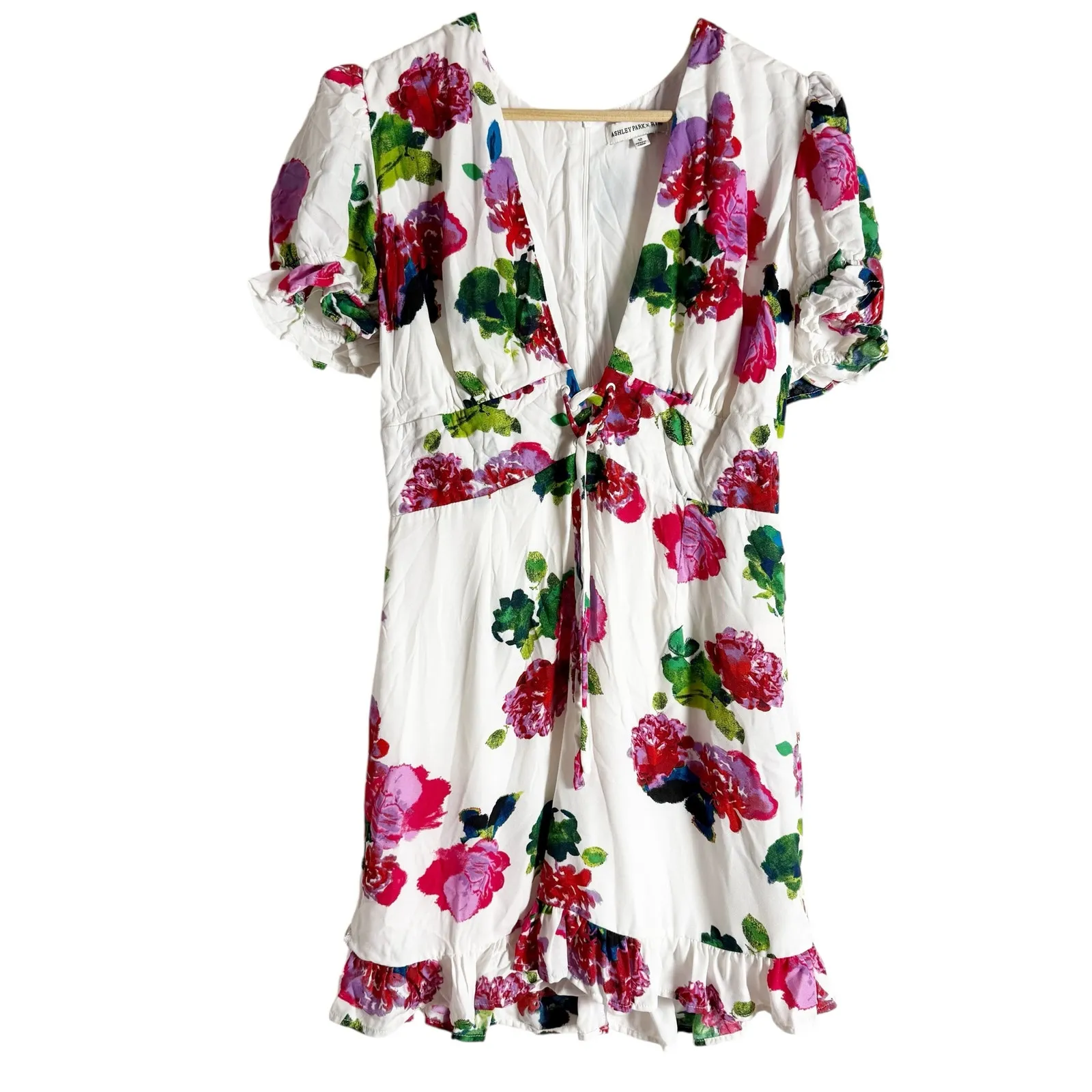 Ashley Park White Floral Print Lace Up Corset Ruffle Hem V - Image 5