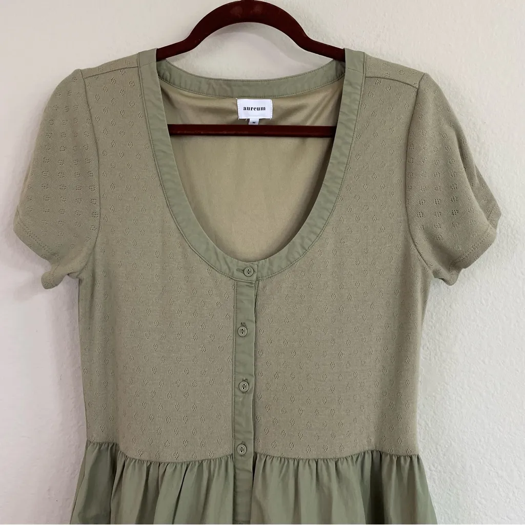 AUREUM Pointelle Knit Shirt Midi Dress Olive Green Size Medium Cottagecore‎ - Image 6