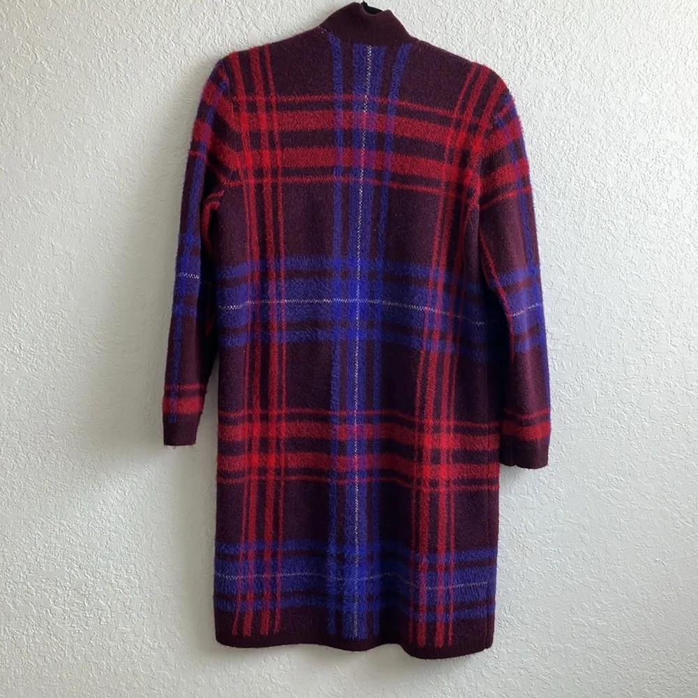 Ann Taylor Cardigan Sweater Plaid Maroon Blue Red Coat Long Medium Petite - Image 6
