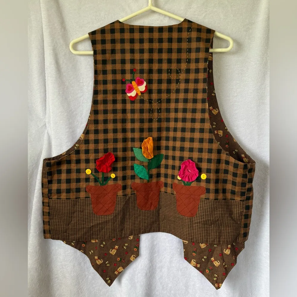Handmade Large Brown Reversible Cat Floral Gingham Vest - Image 6