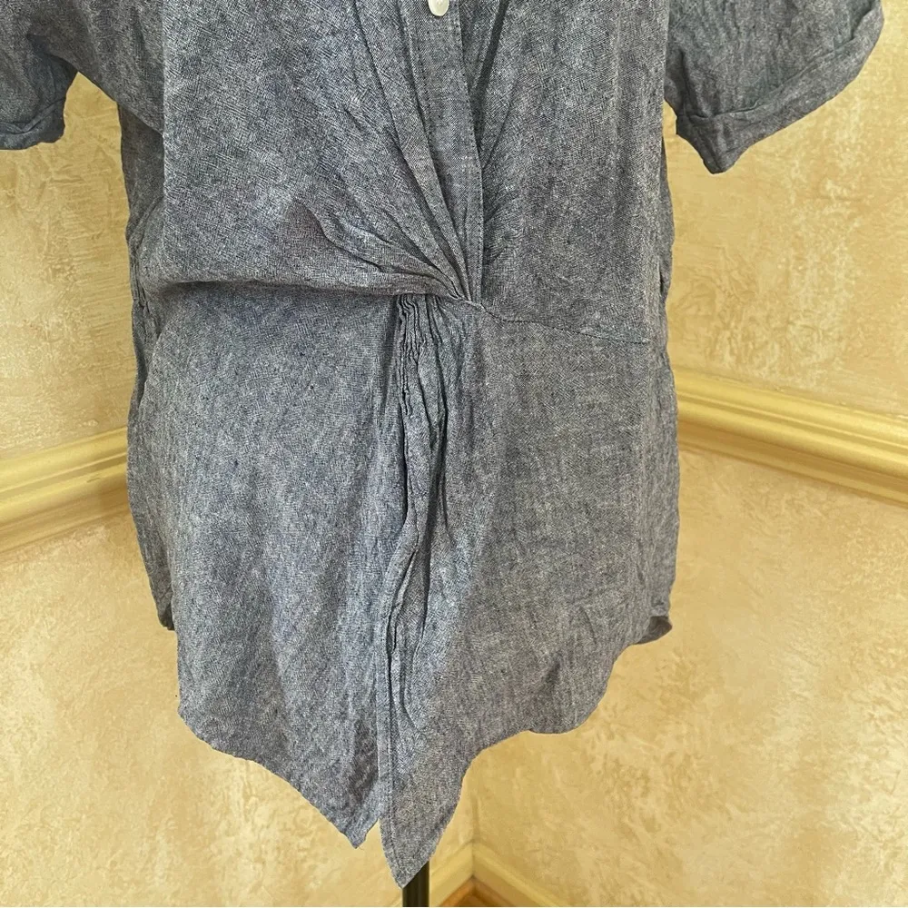 Carlson Chambray Linen Button Up Top Tunic Twisted waist front Blue Sz medium - Image 3