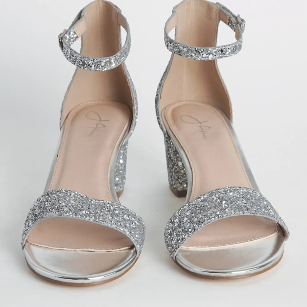 J. Adams Silver Glitter Block Low Heels with ankle strap Size 7.5.  B76 - Image 2