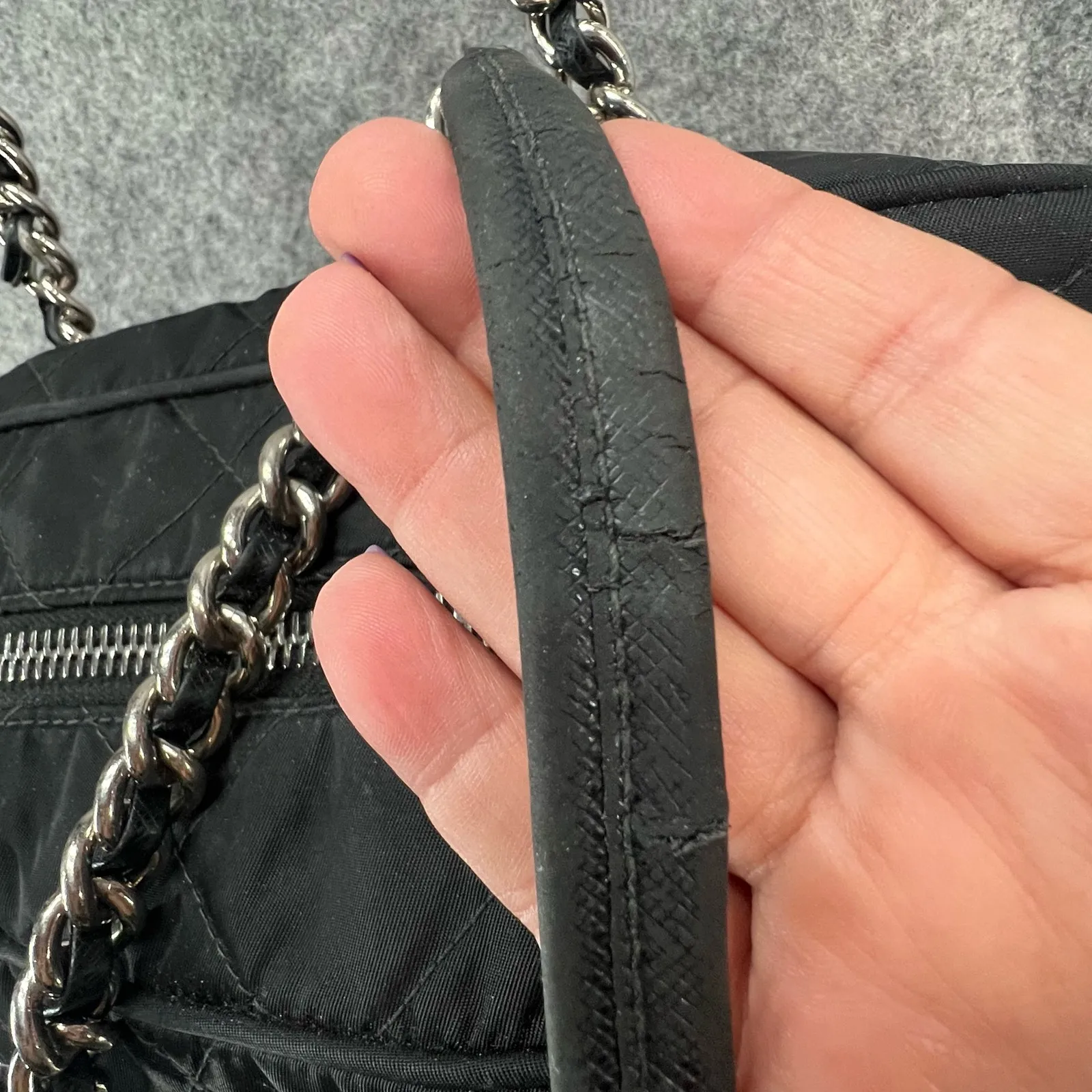 Prada Tessuto Impuntu Shoulder Bag Black Quilted Nylon Chain Leather Strap - Image 7