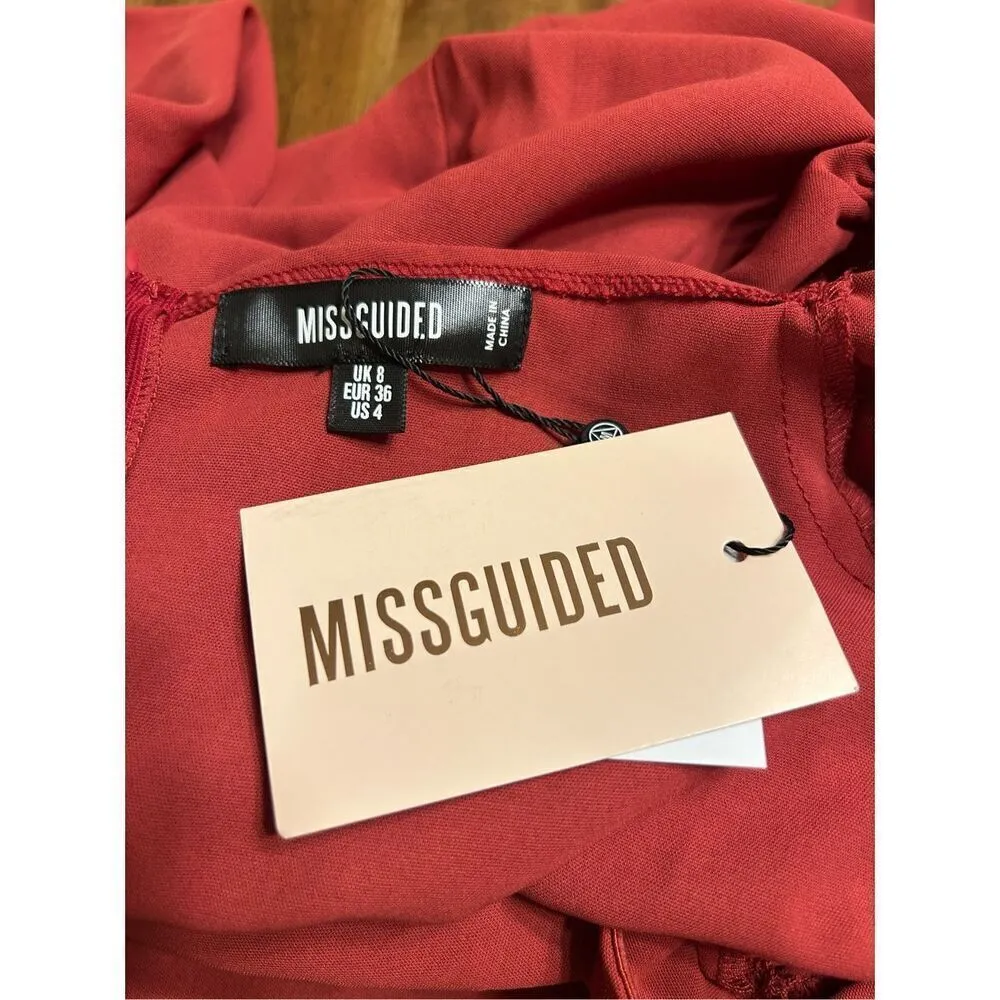 Missguided Women's Puff Sleeve Wrap Over Skater Dress Burgundy Size US:4 NWT - Image 6