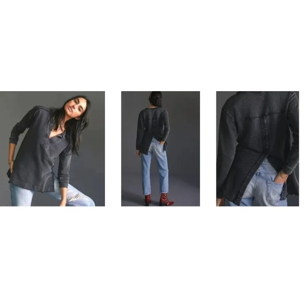 Anthropologie Pilcro Split Back Terry Top XS Extra Small Black Tunic Dis… - Image 2