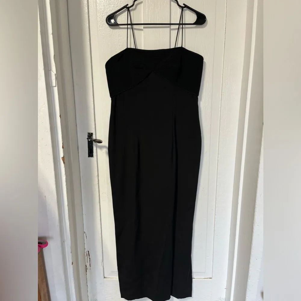 Vintage Silk Black bodycon midi slip dress with bodice ruching and back slit M Size 10 - Image 3