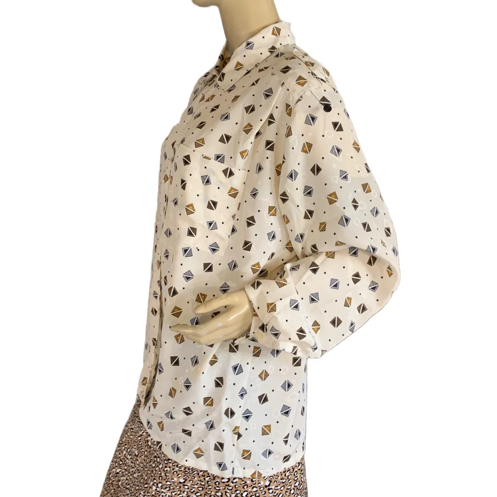 VINTAGE 1980'S KORET CAREER CREAM, YELLOW & GRAY PRINT BLOUSE (18) - Image 4