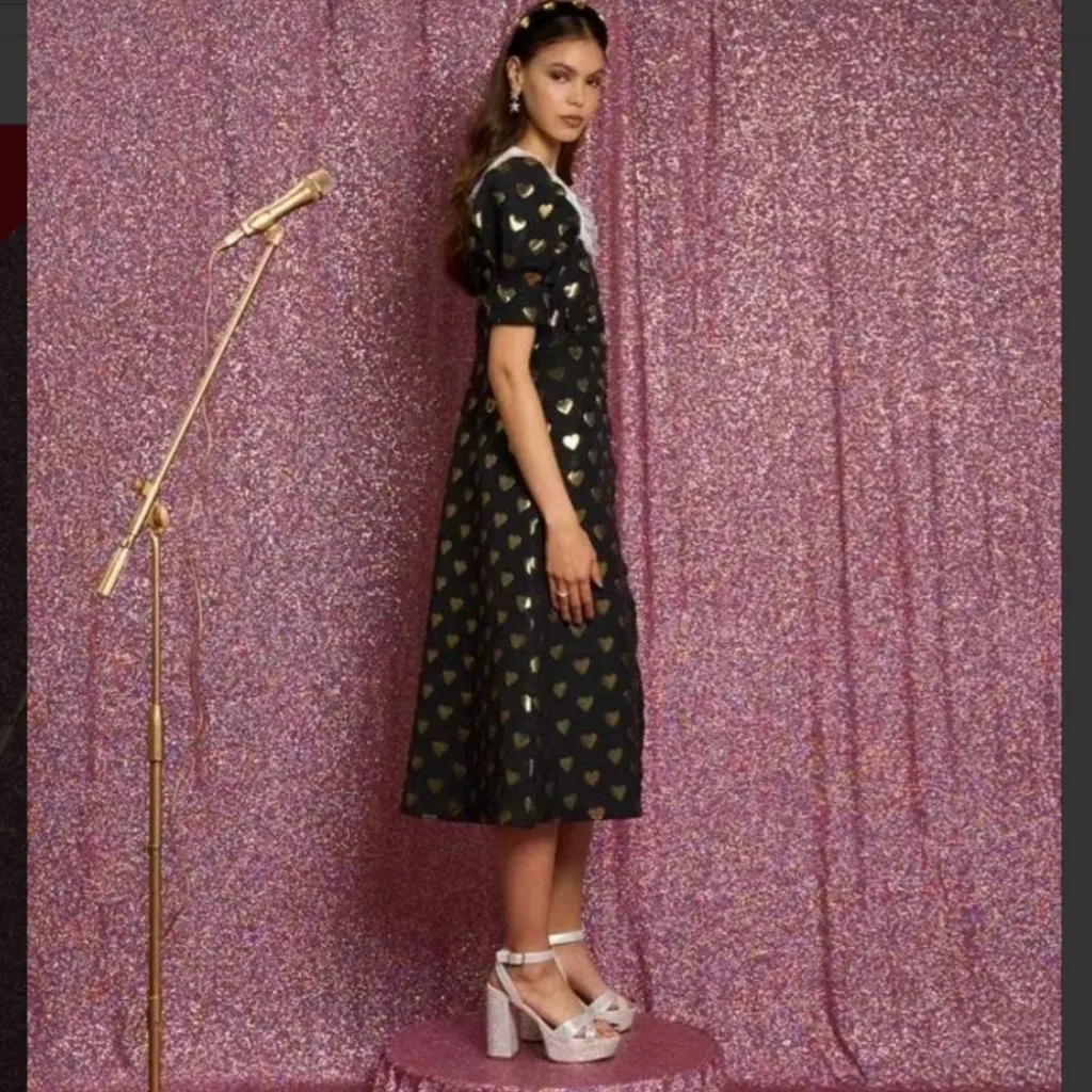 Sister Jane Golden Hearts Black & Gold Puff Sleeve Midi Dress M Size M - Image 4