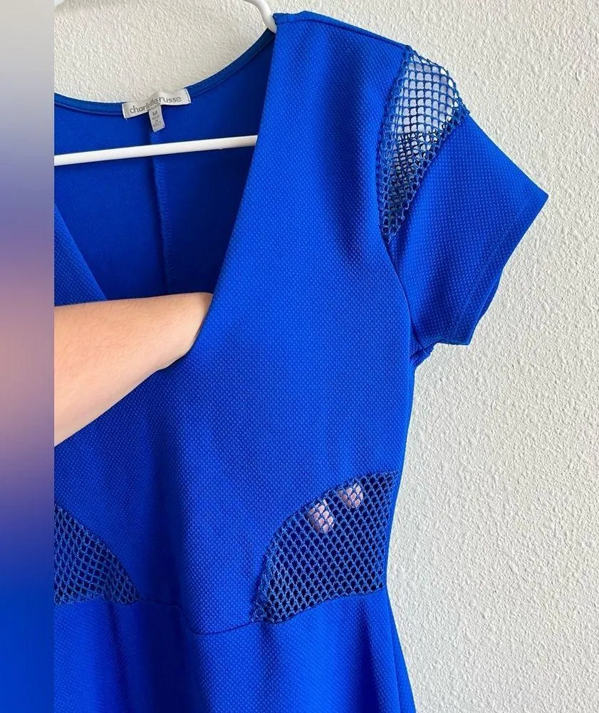 Charlotte Russe Royal Blue V Neck Mesh Cut Out Bodycon Mini Dress Size Medium - Image 3