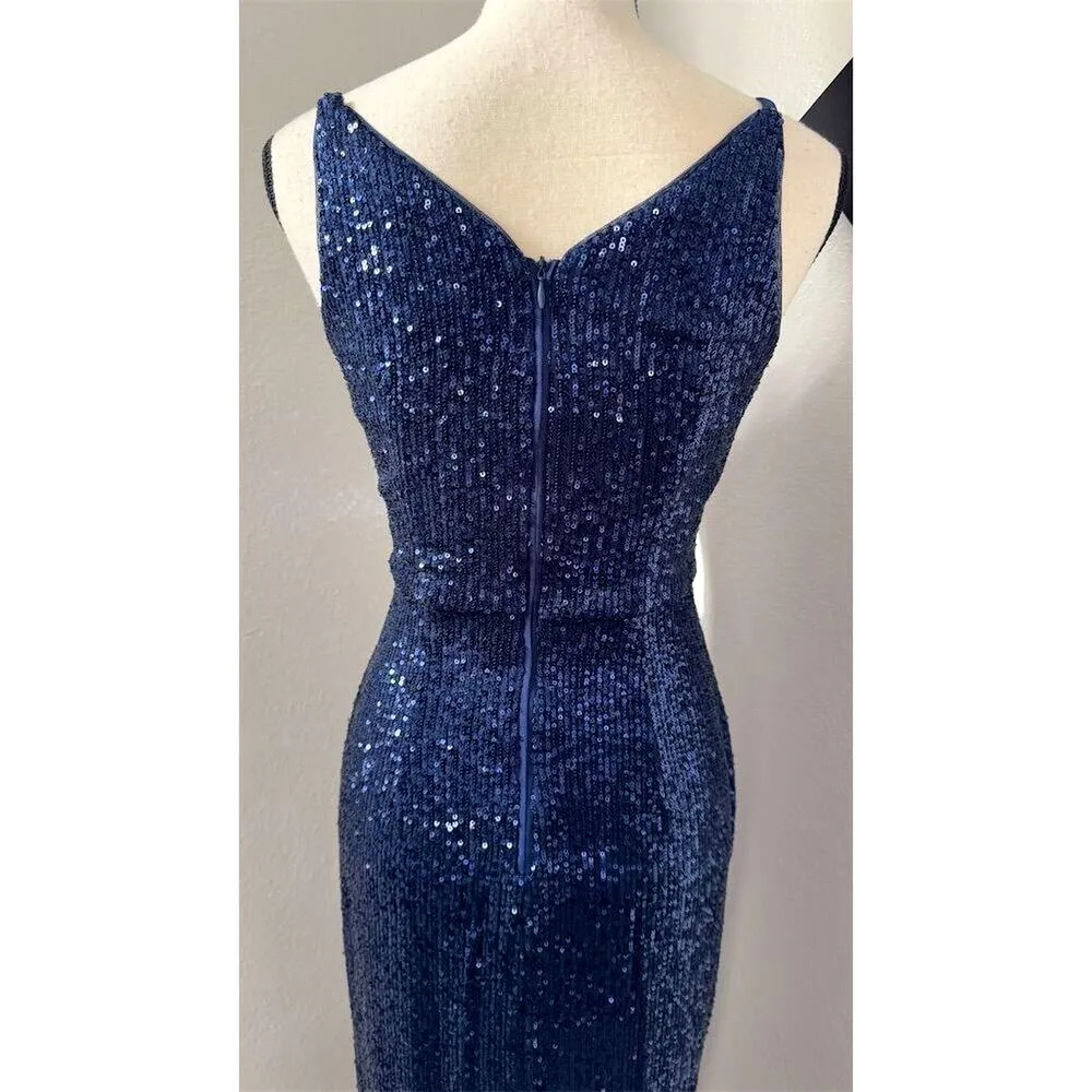 Donna Morgan Navy Blue Sequin V-Neck Midi Dress Womens Size 2 Formal Slit - Image 11