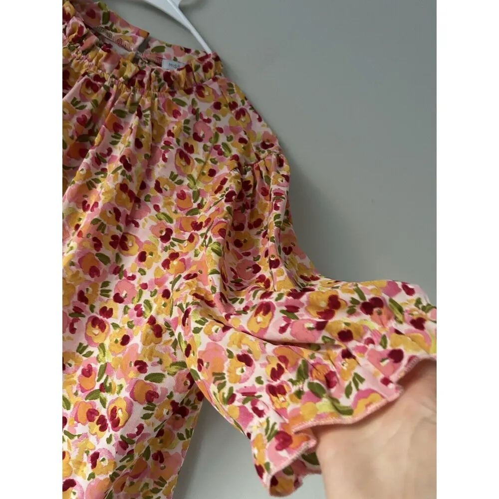 Miss Sparkling Boho Floral Ruffle Short Sleeve Frill Mock Neck Blouse Size XL Pink - Image 3