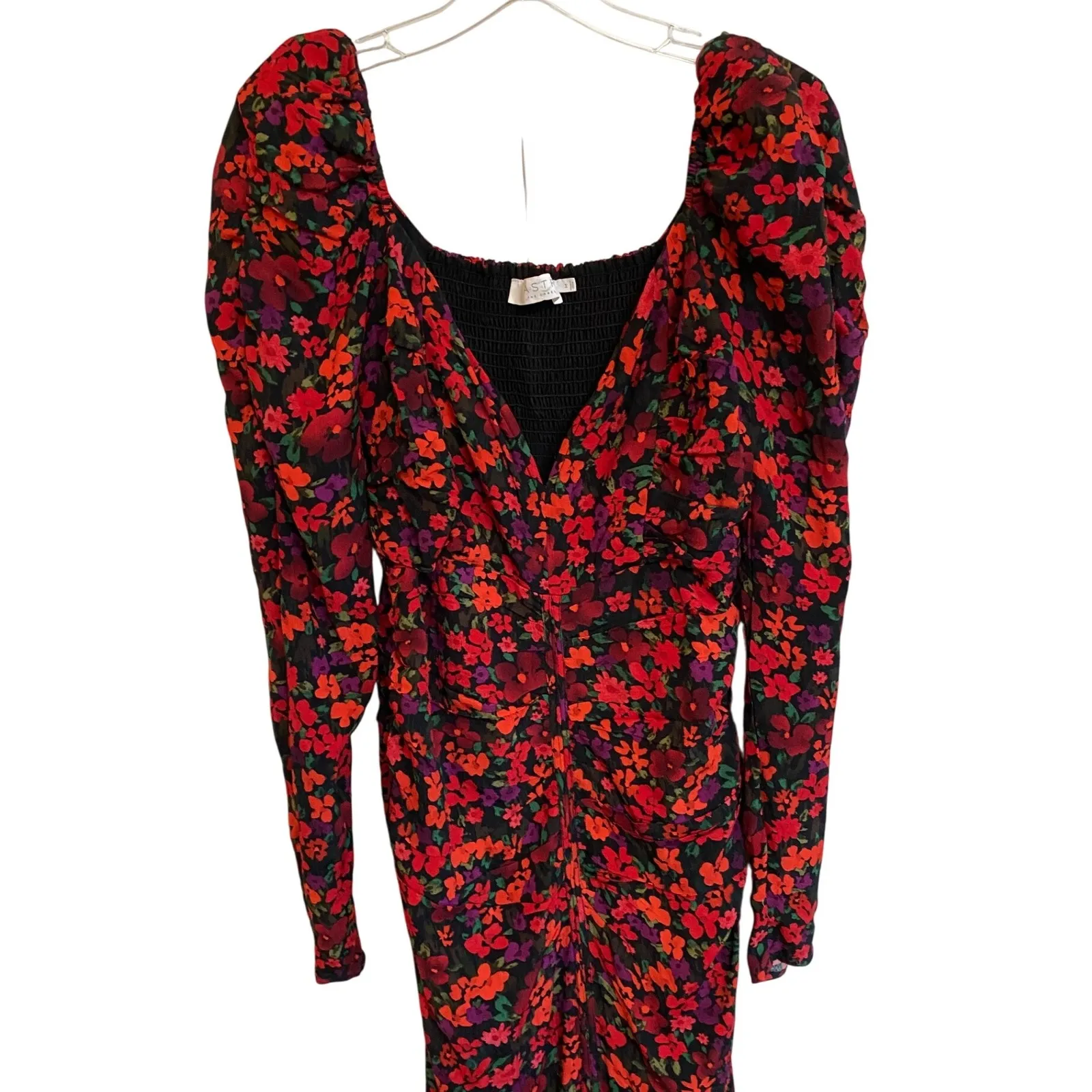 ASTR The Label Jamila Red Floral Puff Sleeve Ruched Bodycon Midi Dress M EUC - Image 4