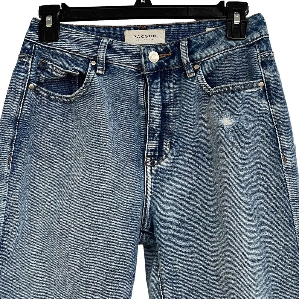 Pacsun SZ 25 Mom Jeans Mid-Rise Distressed Rips Pockets Medium Wash Blue Womens - Image 2