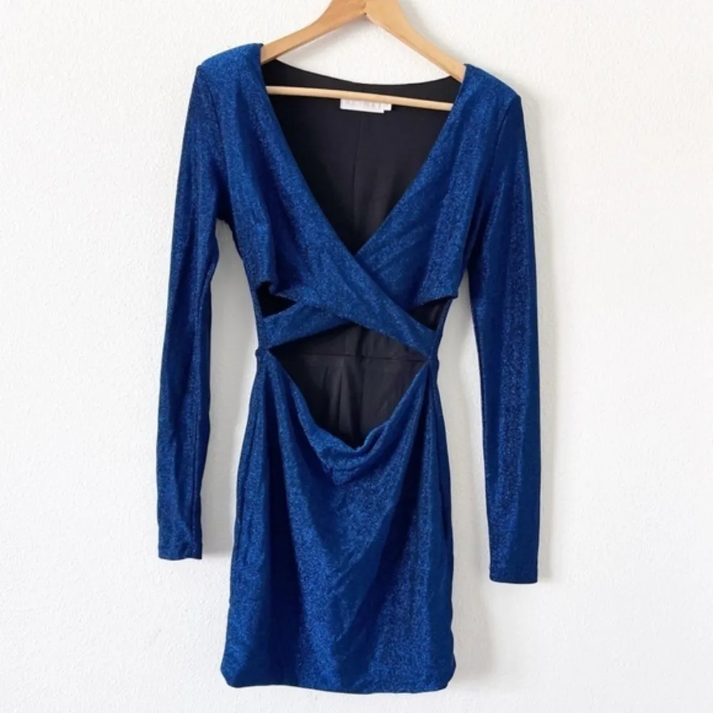 Meshki Blue Glitter Long Sleeve Cut Out Bodycon Mini Dress - Image 2
