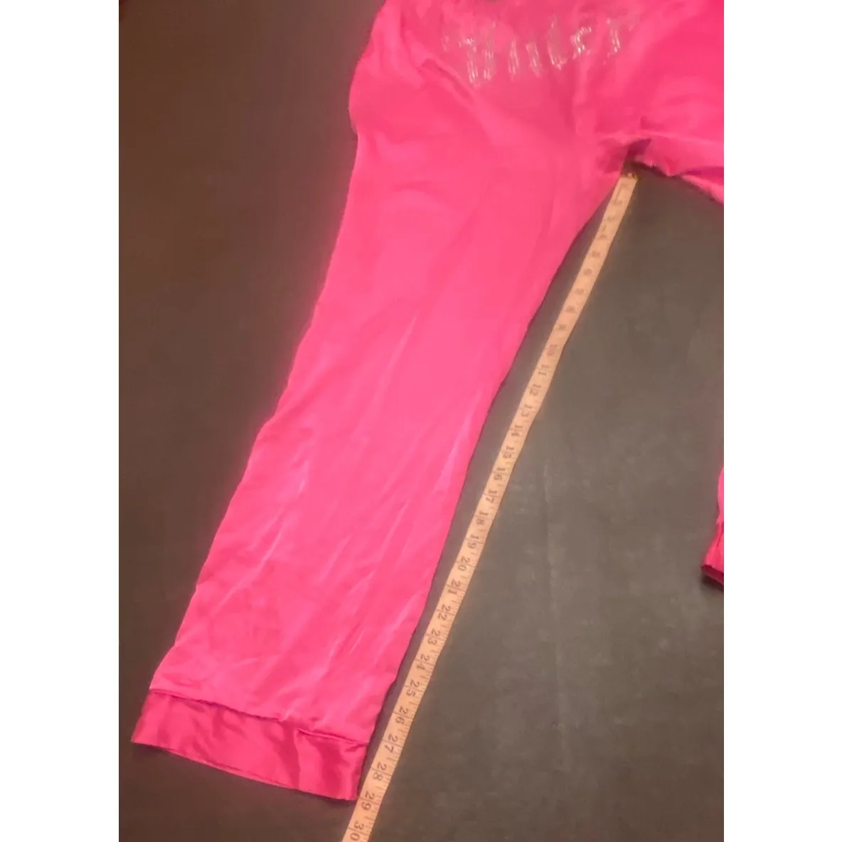 Juicy Couture Pink Satin Sleep‎ Pants Large Rhinestone Logo Lounge Glam Y2K - Image 5